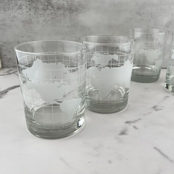70's Glass Clear w Frosted World Map Globe Double Old Fashioned Tumblers Vintage - Picture 7 of 11